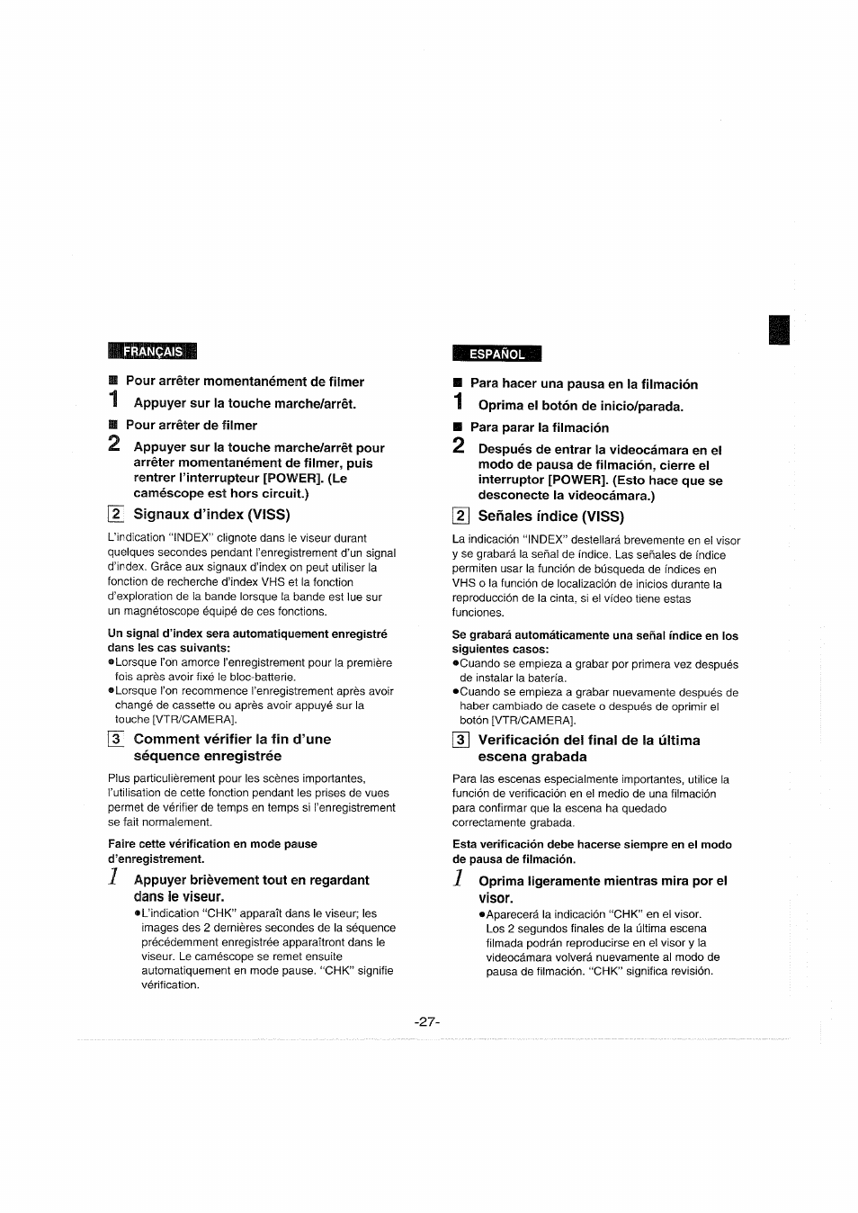 Español, 2 signaux d’index (viss), Comment vérifier la fin d’une séquence enregistrée | 2] señales índice (viss), Signaux d’index (viss), 2 señales índice (viss) | Panasonic NVS90E User Manual | Page 27 / 132