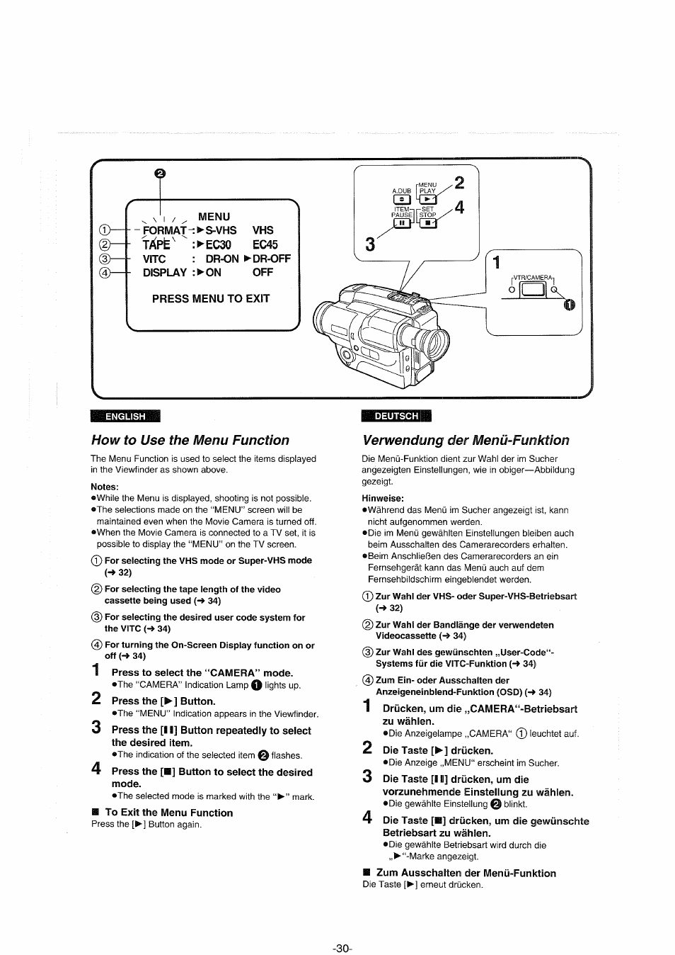 How to use the menu function, Verwendung der menü-funktion | Panasonic NVS90E User Manual | Page 30 / 132