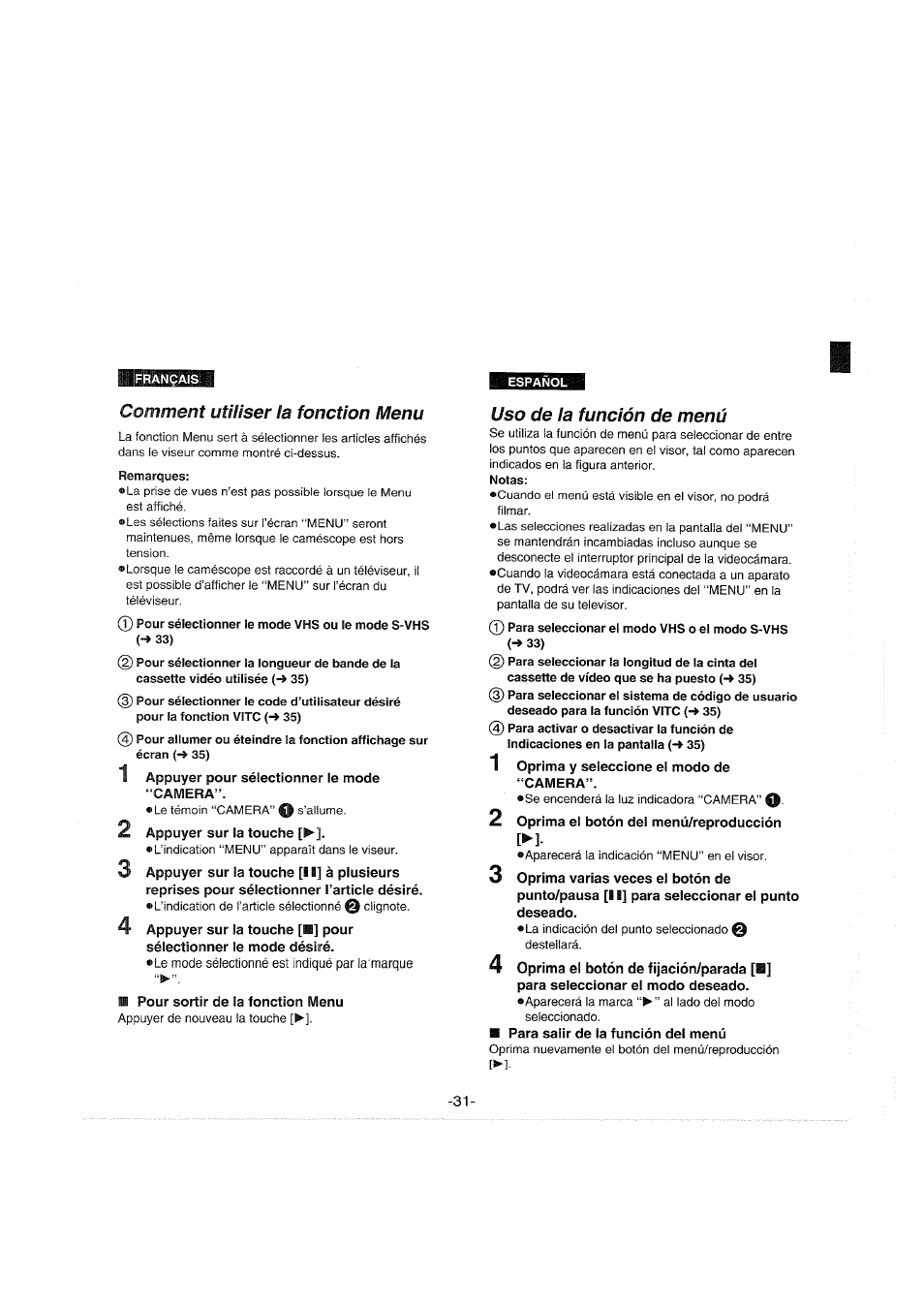Comment utiliser la fonction menu, Uso de la función de menú, 5 uso de la función de menú | Panasonic NVS90E User Manual | Page 31 / 132