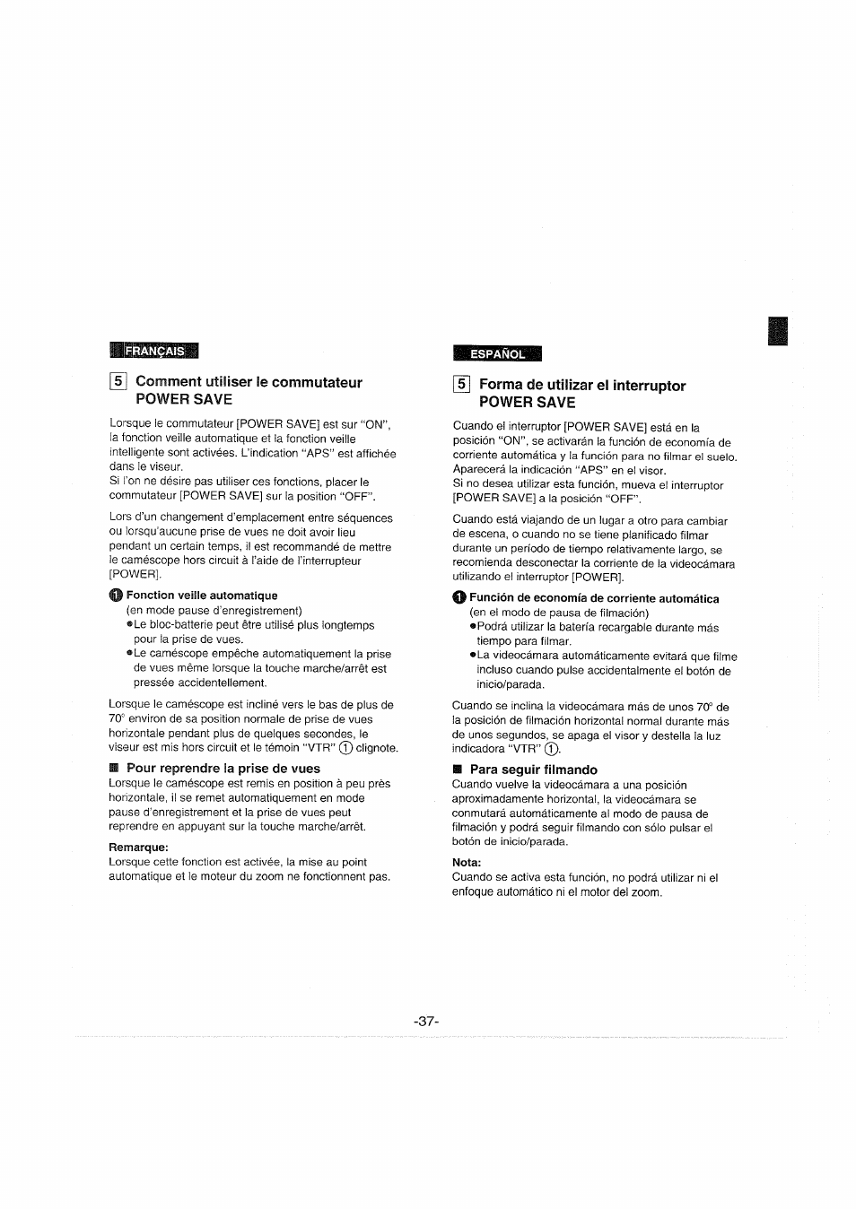 Español, 5 j comment utiliser le commutateur power save, Pour reprendre ia prise de vues | Remarque, 151 forma de utilizar el interruptor power save, Para seguir filmando, Nota | Panasonic NVS90E User Manual | Page 37 / 132