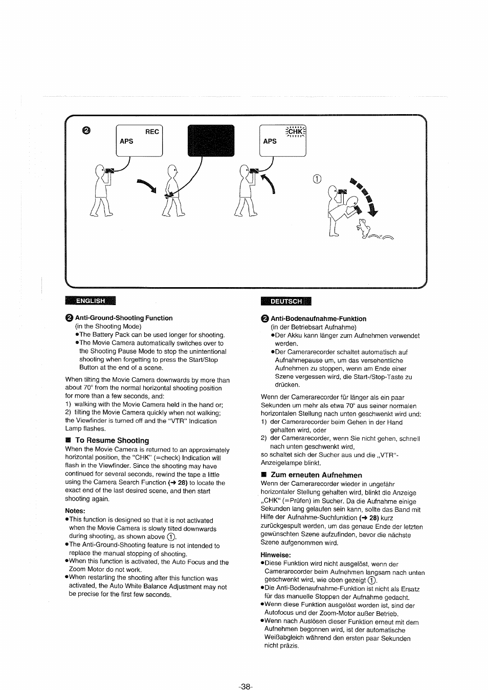 Deutsch, 0 anti-ground-shooting function, Notes | 0 anti-bodenaufnahme-funktion, Zum erneuten aufnehmen, Hinweise, Schkg | Panasonic NVS90E User Manual | Page 38 / 132