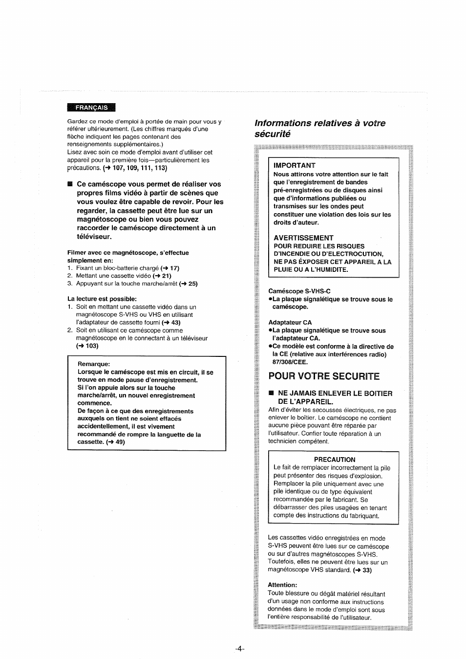 Informations relatives à votre sécurité, Pour votre securite | Panasonic NVS90E User Manual | Page 4 / 132