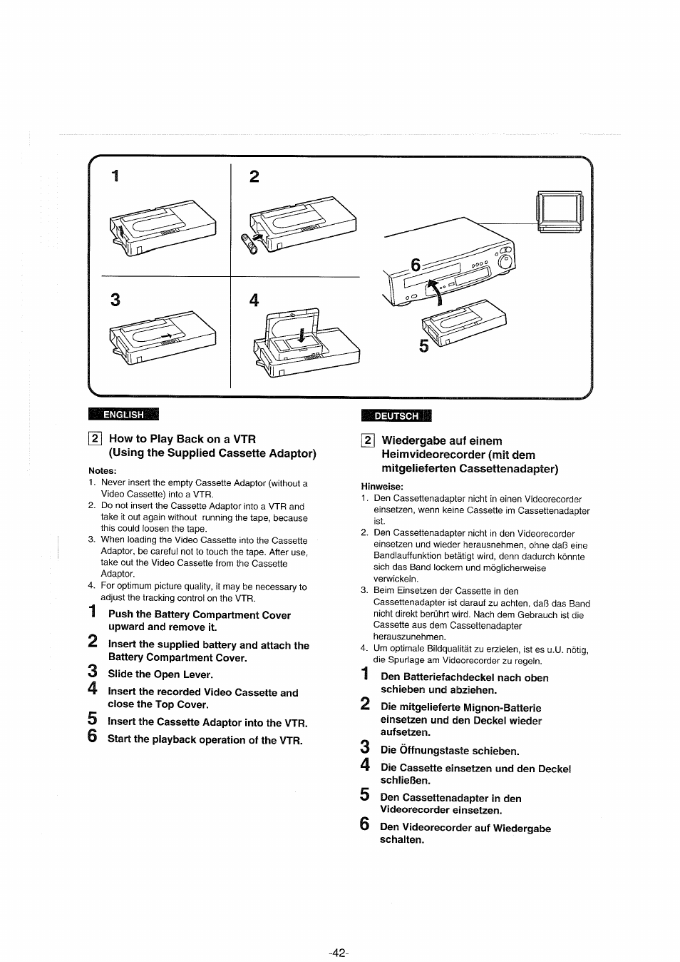 English, How to play back on a vtr, Using the supplied cassette adaptor) | Notes, Deutsch, T| wiedergabe auf einem, Hinweise, Mit dem mitgelieferten cassettenadapter) | Panasonic NVS90E User Manual | Page 42 / 132