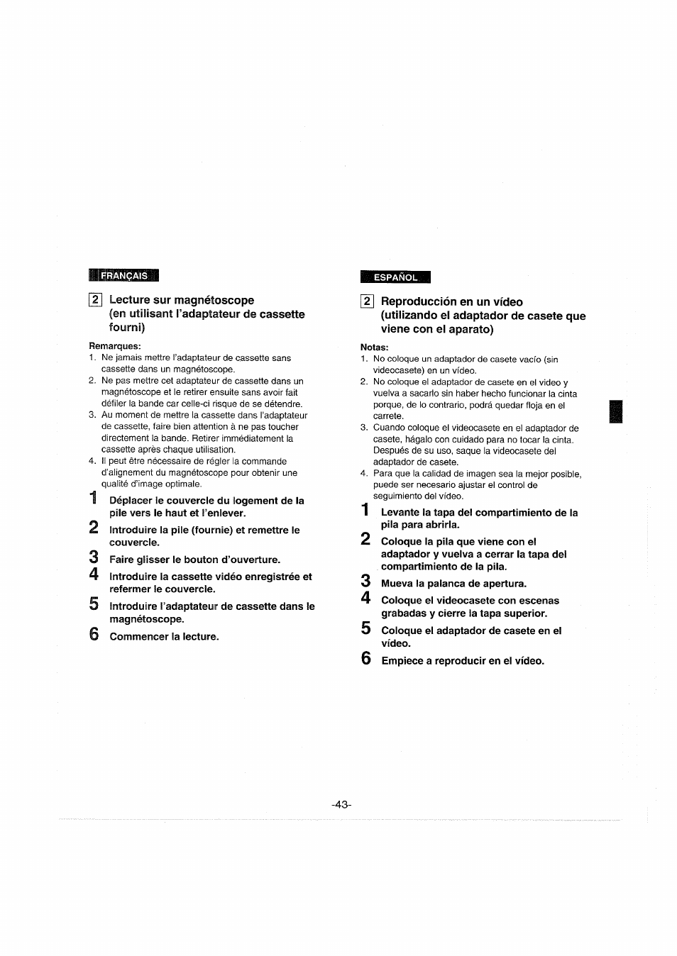 2] lecture sur magnétoscope, En utilisant l’adaptateur de cassette fourni), Remarques | T| reproducción en un vídeo, Notas | Panasonic NVS90E User Manual | Page 43 / 132