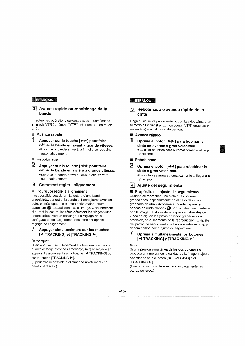 131 avance rapide ou rebobinage de la bande, 4] comment régler l’alignement, Y| rebobinado o avance rápido de la cinta | 4] ajuste del seguimiento, 3 avance rapide ou rebobinage de la bande, 4 comment régler l’alignement | Panasonic NVS90E User Manual | Page 45 / 132