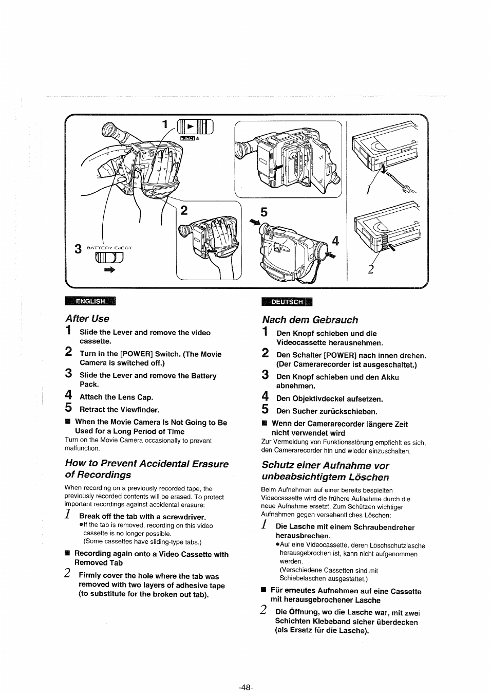 After use, How to prevent accidental erasure, Of recordings | Nach dem gebrauch, Schutz einer aufnahme vor unbeabsichtigtem löschen, Recordings, How to prevent accidental erasure of recordings | Panasonic NVS90E User Manual | Page 48 / 132