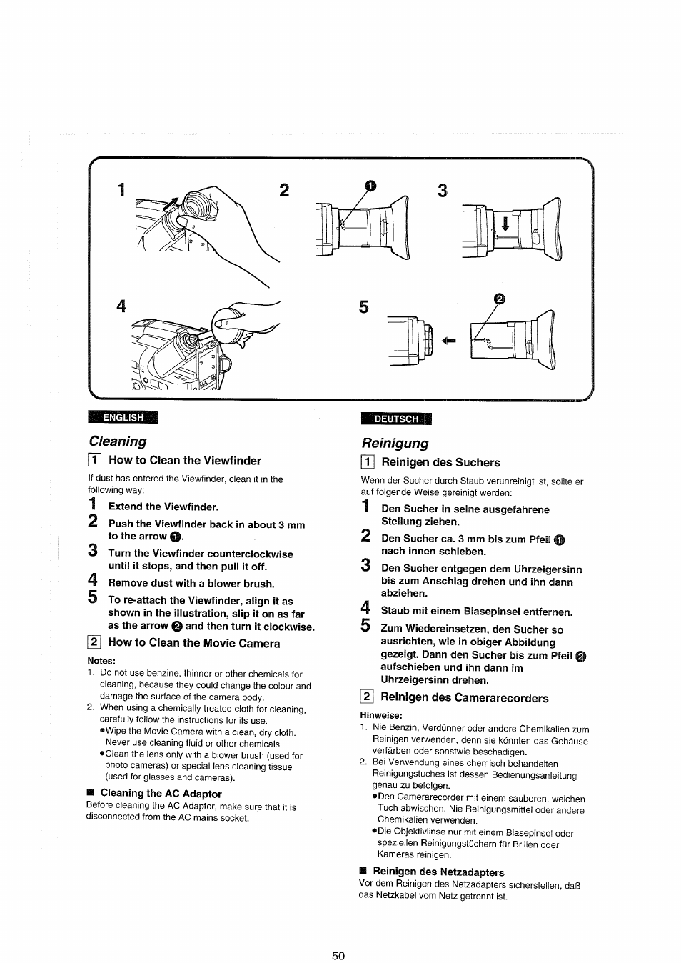 Cleaning, Pti how to clean the viewfinder, How to clean the movie camera | Notes, Reinigung, Pt] reinigen des suchers, T| reinigen des camerarecorders, Hinweise | Panasonic NVS90E User Manual | Page 50 / 132