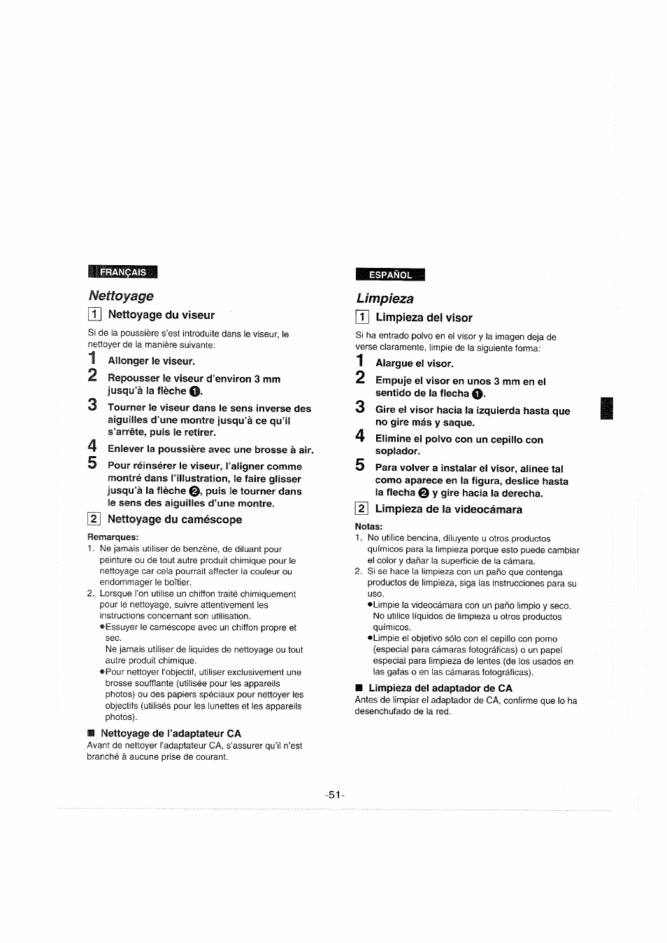T| nettoyage du viseur, 1 allonger le viseur, 2] nettoyage du caméscope | Remarques, T| limpieza del visor, 1 alargue el visor, 4 elimine el polvo con un cepillo con soplador, Limpieza de la videocámara, Notas, Nettoyage | Panasonic NVS90E User Manual | Page 51 / 132