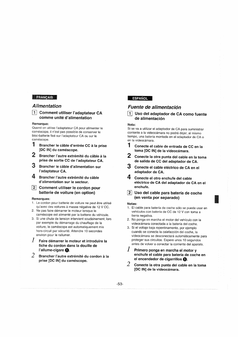 Remarques, Fuente de alimentación, Nota | Notas, Fiche, Alimentation | Panasonic NVS90E User Manual | Page 53 / 132