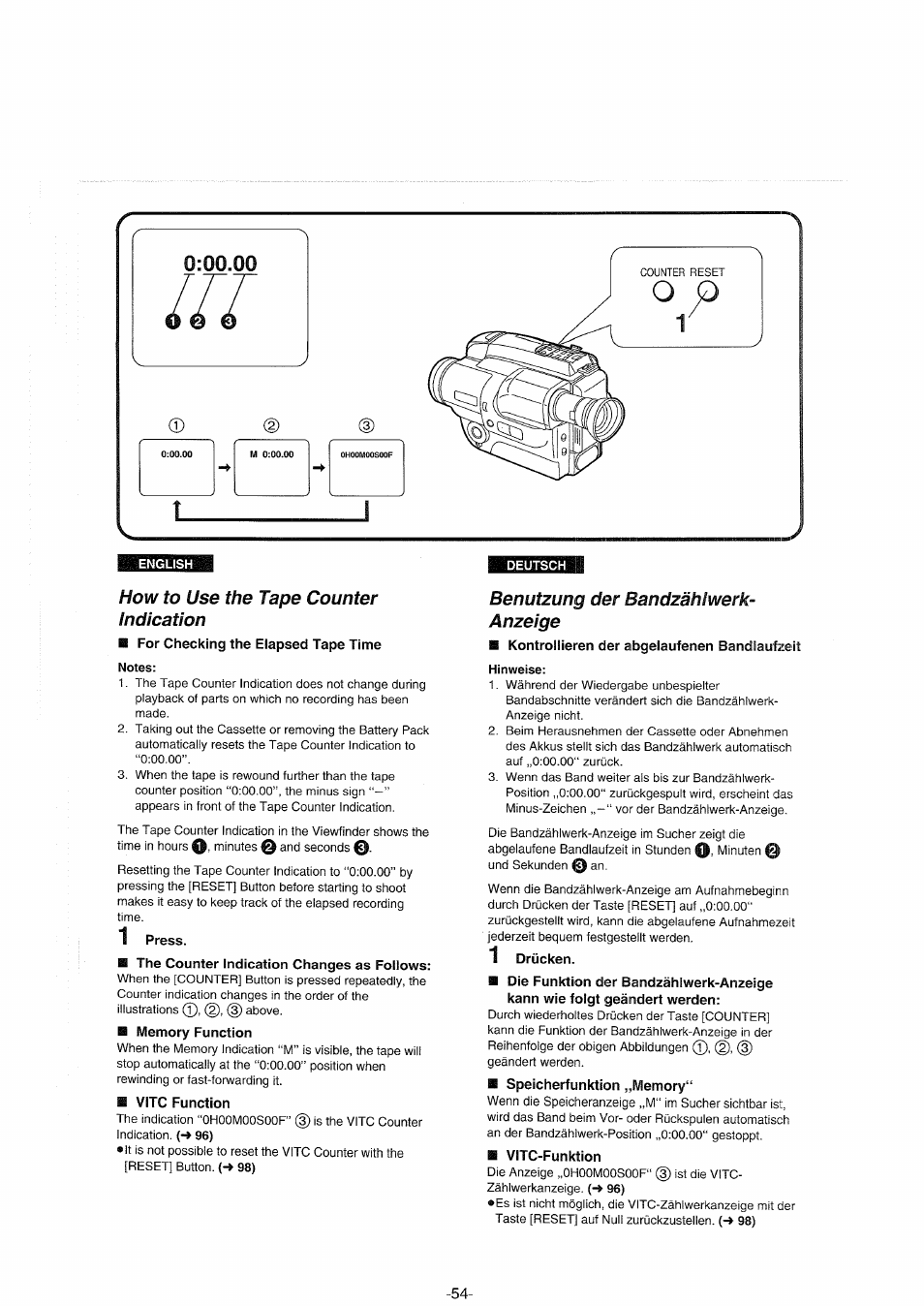 How to use the tape counter indication, B for checking the elapsed tape time notes, 1 press | B the counter indication changes as follows, B memory function, B vitc function, Deutsch, Benutzung der bandzählwerk- anzeige, B kontrollieren der abgelaufenen bandiaufzeit, Hinweise | Panasonic NVS90E User Manual | Page 54 / 132