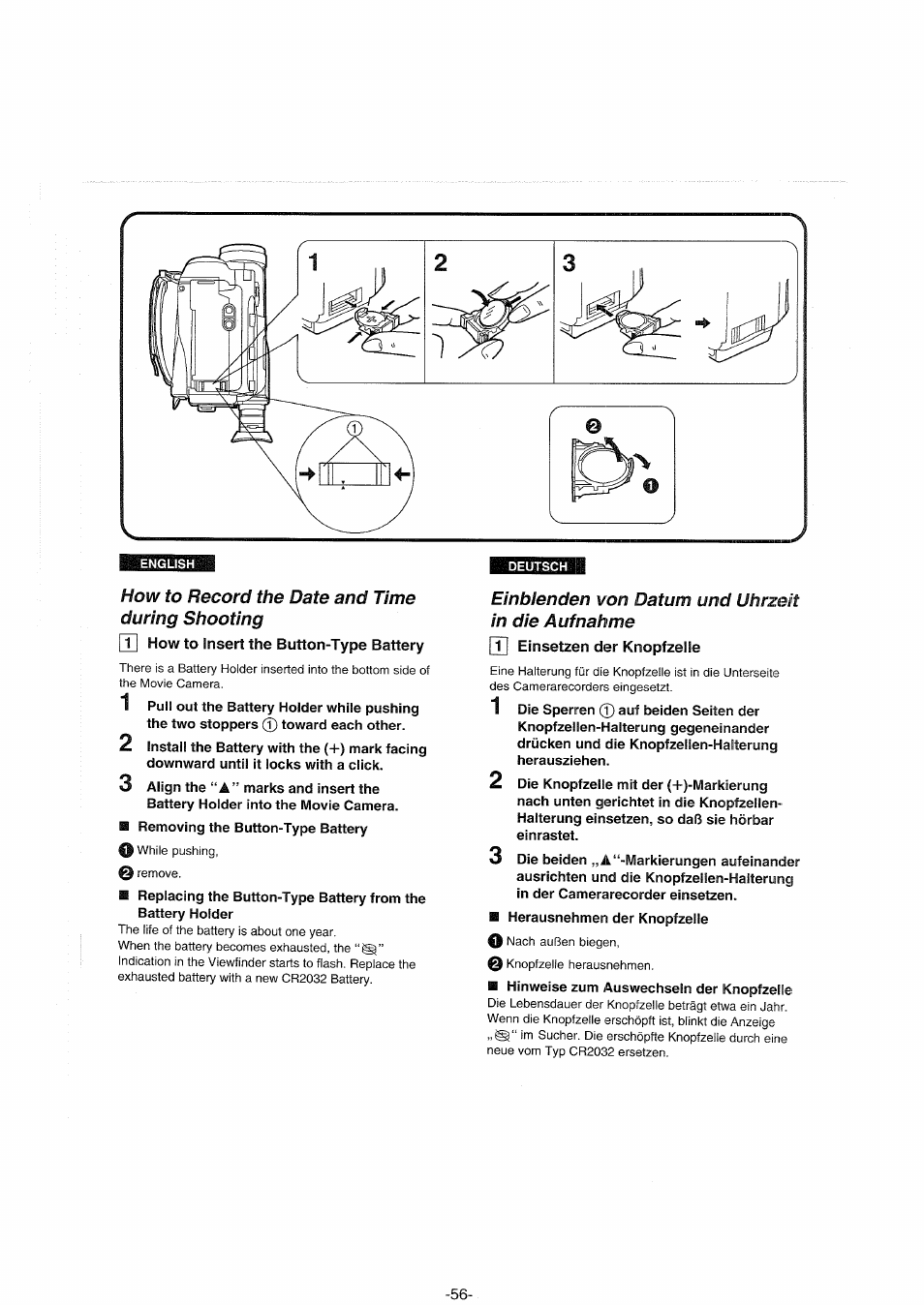 How to record the date and time during shooting, T| how to insert the button-type battery, Einbienden von datum und uhrzeit | In die aufnahme, T] einsetzen der knopfzelle, How to record the date and time during shooting [t, Einbienden von datum und uhrzeit in die aufnahme | Panasonic NVS90E User Manual | Page 56 / 132