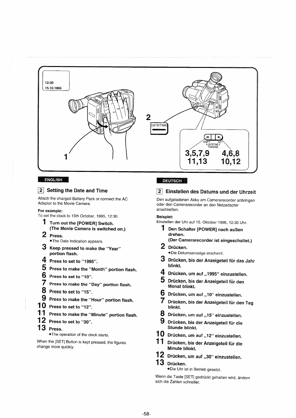 T| setting the date and time, Y| einstellen des datums und der uhrzeit | Panasonic NVS90E User Manual | Page 58 / 132