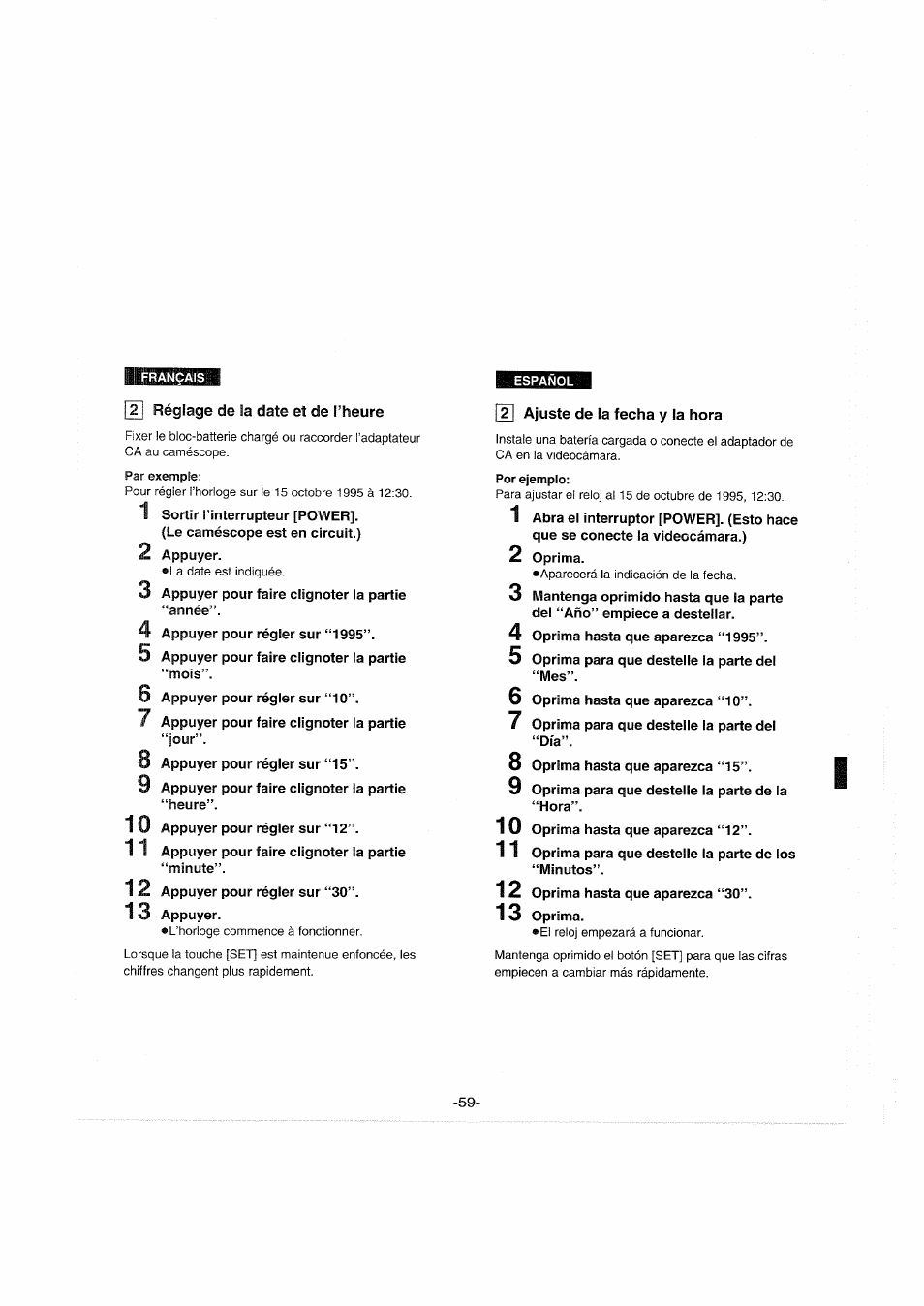 Ît| réglage de la date et de l’heure, Ajuste de la fecha y la hora | Panasonic NVS90E User Manual | Page 59 / 132