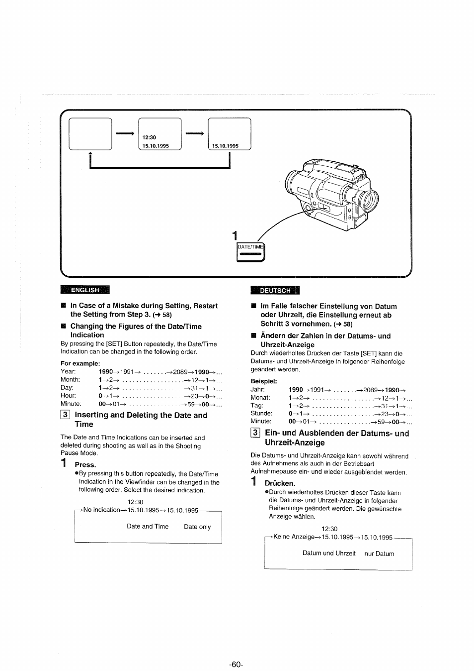 For example, Inserting and deleting the date and time, Beispiel | Panasonic NVS90E User Manual | Page 60 / 132