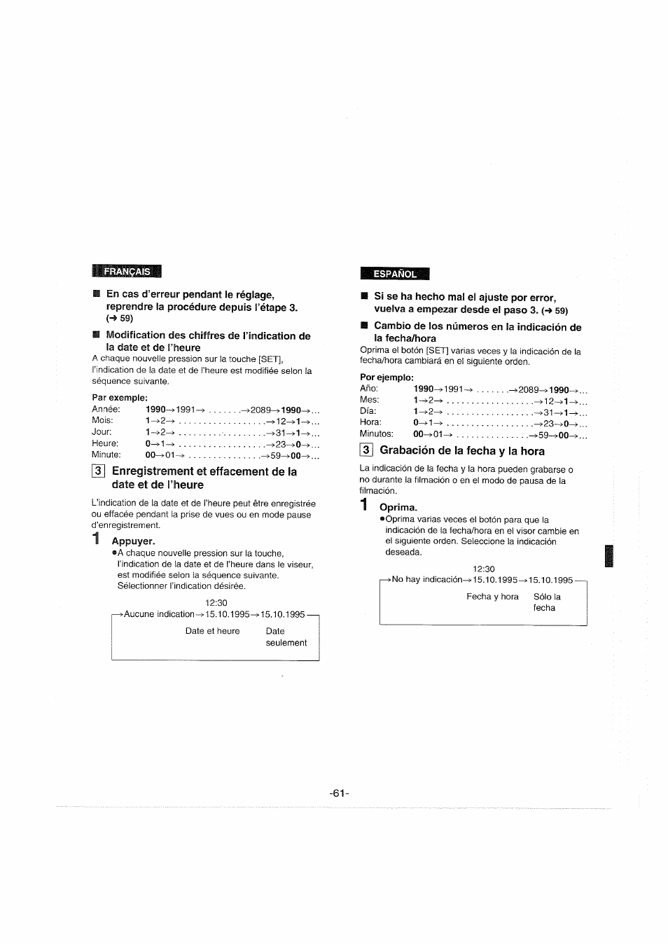 Por ejemplo, T| grabación de la fecha y la hora | Panasonic NVS90E User Manual | Page 61 / 132