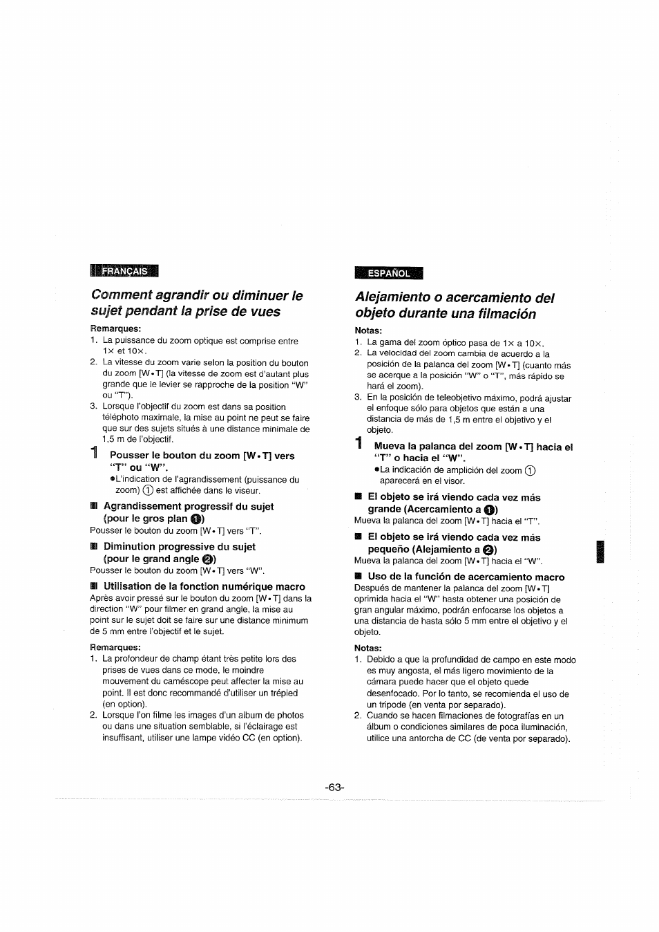 Remarques, Notas | Panasonic NVS90E User Manual | Page 63 / 132
