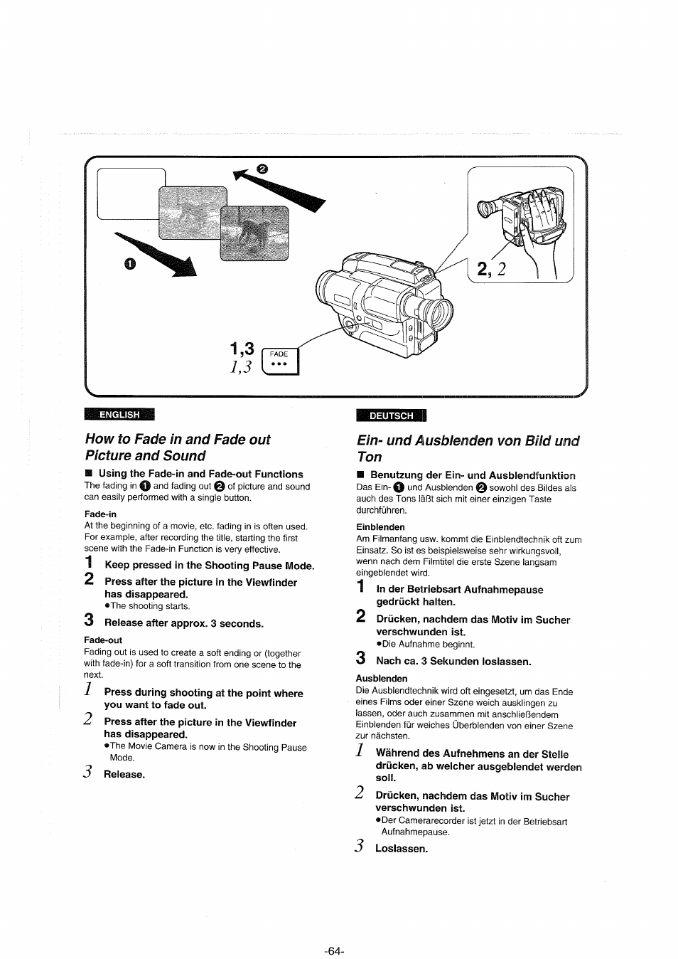 How to fade in and fade out picture and sound, Fade-in, Fade-out | Ein- und ausbienden von bild und ton, Einblenden, Ausblenden, Ein- und ausblenden von bild und ton | Panasonic NVS90E User Manual | Page 64 / 132