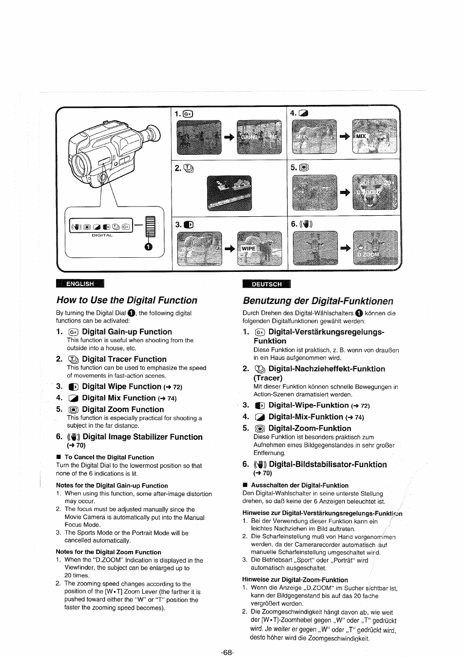 How to use the digital function, © digital gain-up function, Digital tracer function | Digital wipe function (-» 72), 3 digital mix function (-» 74), Digital zoom function, ((h)) digital image stabilizer function, Benutzung der digitai-funktionen, (g3 digital-verstärkungsregelungs- funktion, Digital-nachzieheffekt-funktion (tracer) | Panasonic NVS90E User Manual | Page 68 / 132