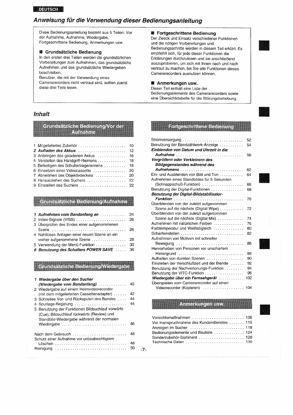 Grundsätzliche bedienung, Fortgeschrittene bedienung, Anmerkungen usw | Inhalt | Panasonic NVS90E User Manual | Page 7 / 132