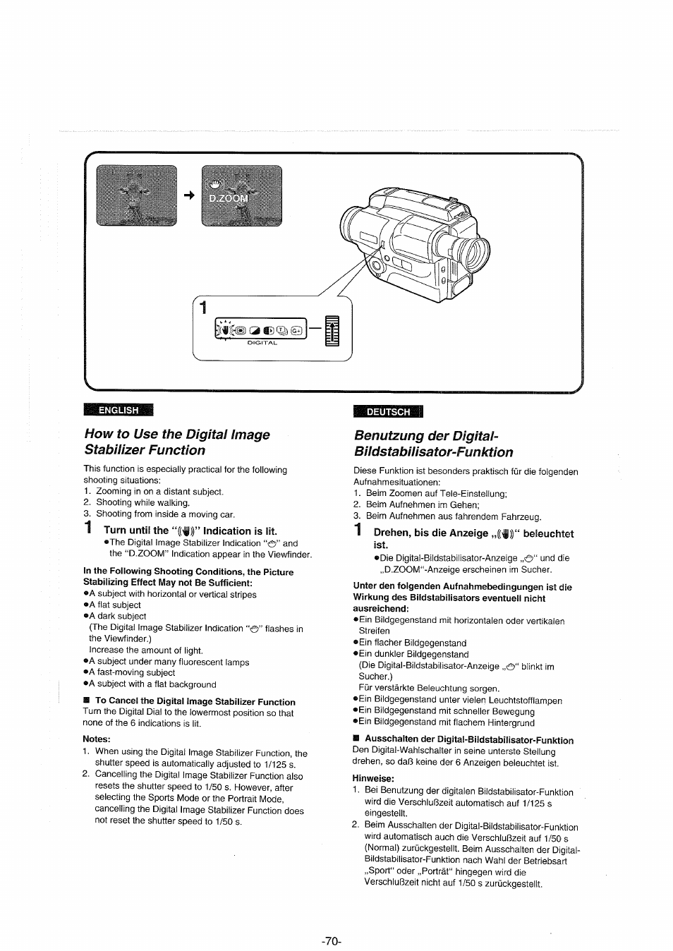 How to use the digital image stabilizer function, 1 turn until the “((f))” indication is lit, To cancel the digital image stabilizer function | Notes, Deutsch, Drehen, bis die anzeige ,,((f))“ beleuchtet ist, Ausschalten der digital-bildstabilisator-funktion, Hinweise, Benutzung der digital- bildstabilisator-funktion | Panasonic NVS90E User Manual | Page 70 / 132