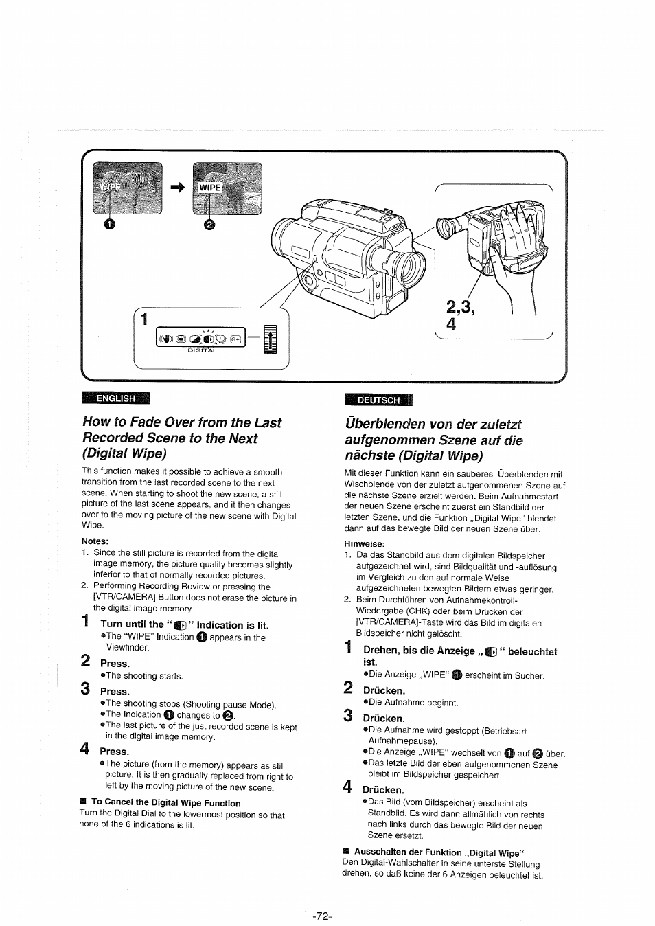 Notes, 1 turn until the “g9 ” indication is lit, 2 press | 3 press, 4 press, Hinweise, Drehen, bis die anzeige “ beleuchtet ist, Drücken, 4 drücken | Panasonic NVS90E User Manual | Page 72 / 132