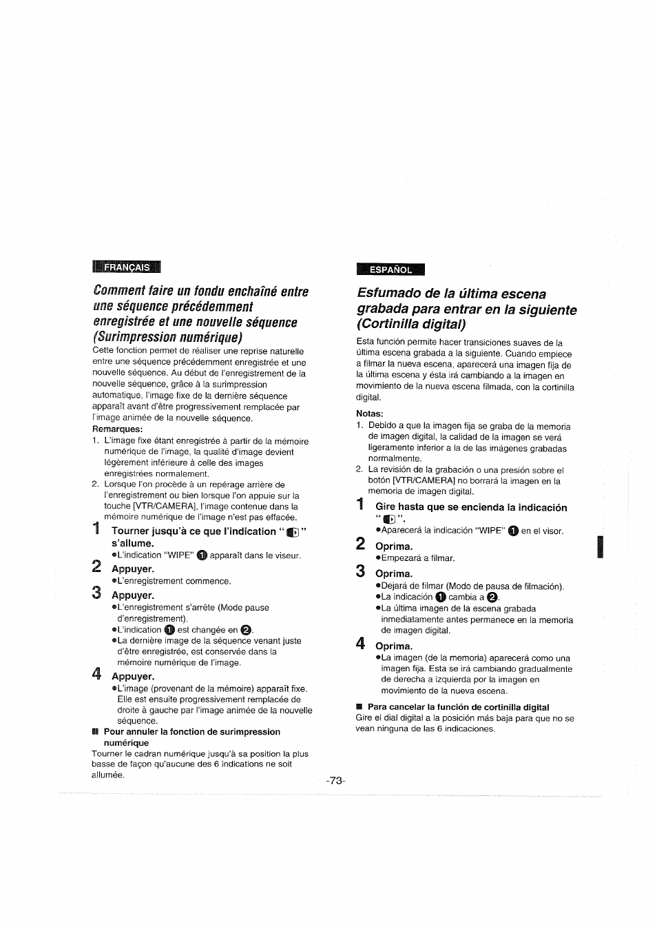 1 tourner jusqu’à ce que l’indication, S’allume, 2 appuyer | 3 appuyer, 4 appuyer, Notas, 1 gire hasta que se encienda la indicación, Oprima, 4 oprima | Panasonic NVS90E User Manual | Page 73 / 132