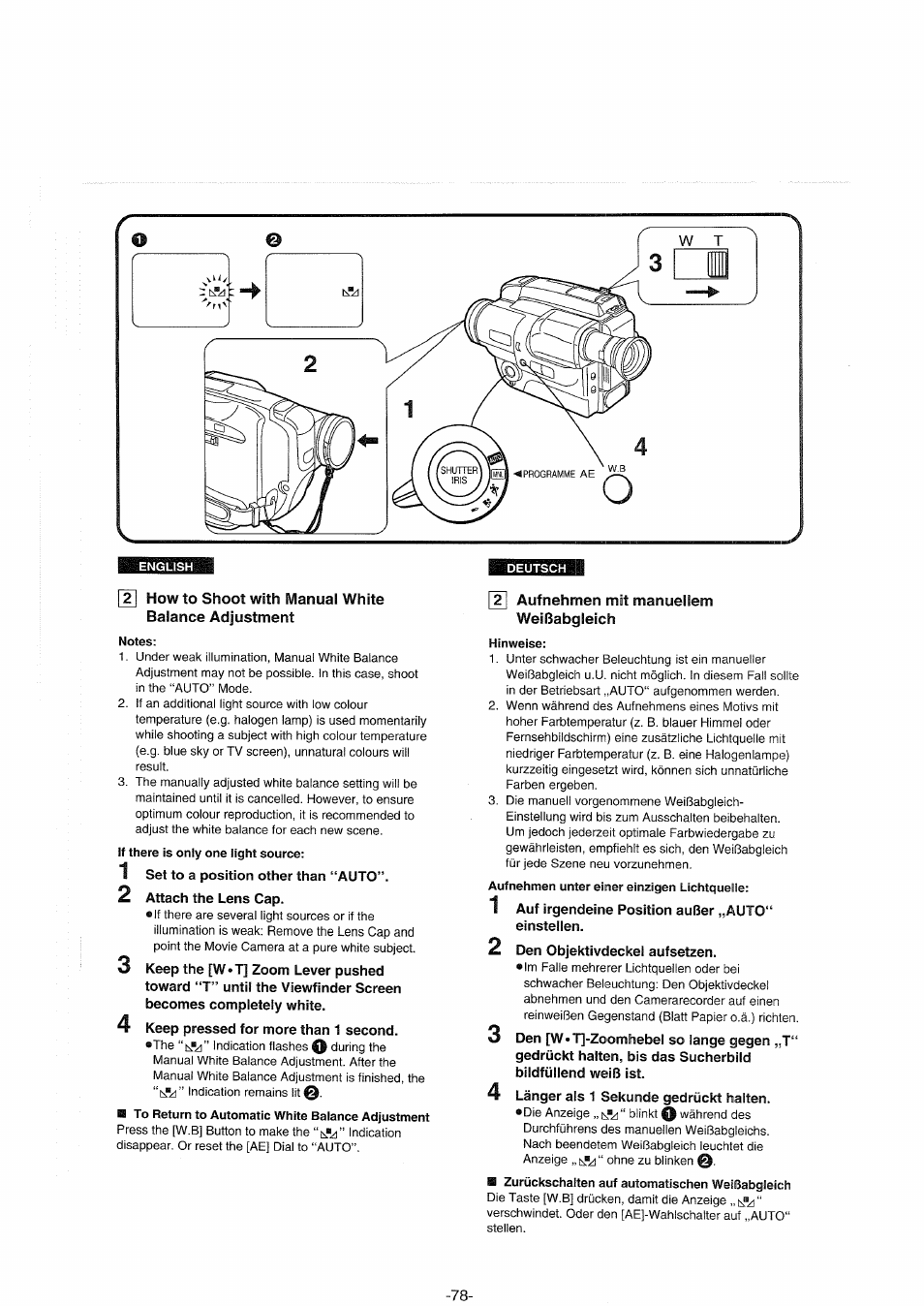 English, Notes, Aufnehmen mit manuellem weißabgleich | Hinweise | Panasonic NVS90E User Manual | Page 78 / 132