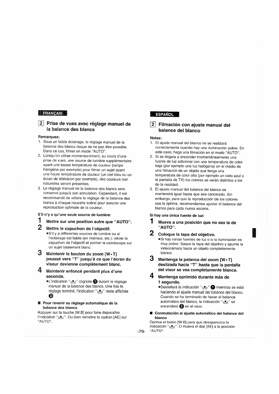 Remarques, S’il n’y a qu’une seule source de lumière, Notas | Si hay una única fuente de luz | Panasonic NVS90E User Manual | Page 79 / 132