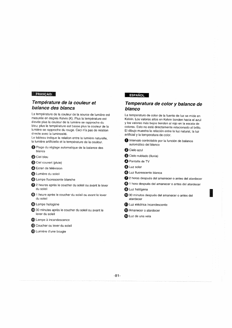 Température de la couleur et balance des blancs, Temperatura de color y balance de blanco | Panasonic NVS90E User Manual | Page 81 / 132