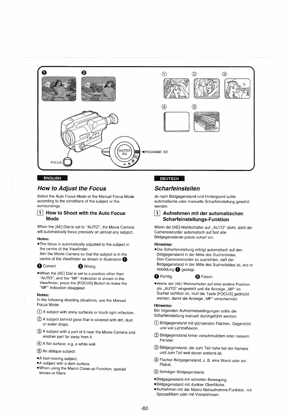 How to adjust the focus, T| how to shoot with the auto focus mode, Notes | Scharfeinstellen, Hinweise | Panasonic NVS90E User Manual | Page 82 / 132