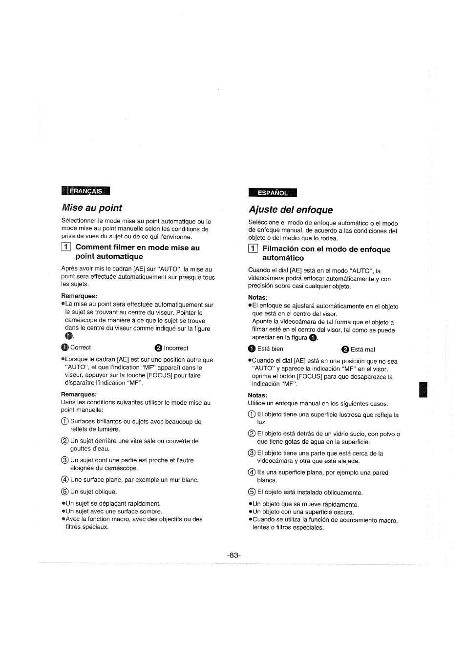 Mise au point, Remarques, Ajuste del enfoque | Ti filmación con el modo de enfoque automático, Notas | Panasonic NVS90E User Manual | Page 83 / 132