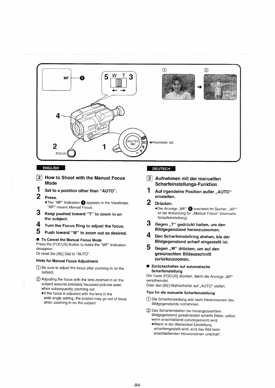 How to shoot with the manual focus mode, Zurückschalten auf automatische scharfeinstellung | Panasonic NVS90E User Manual | Page 84 / 132