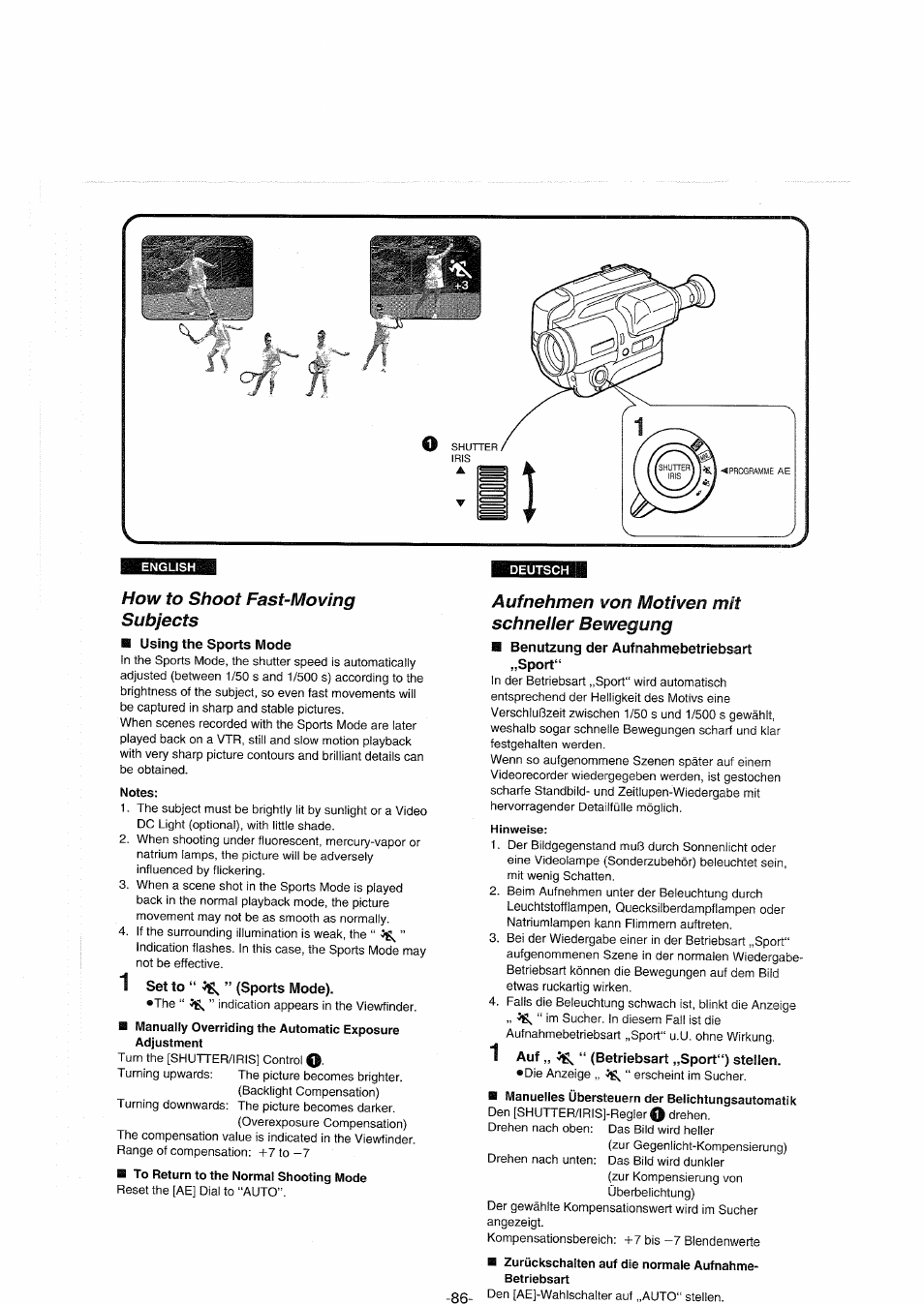 How to shoot fast-moving subjects, Using the sports mode, Notes | 1 set to “ vg;, ” (sports mode), Aufnehmen von motiven mit schneller bewegung, Benutzung der aufnahmebetriebsart „sport, Auf „ vg«, “ (betriebsart „sport“) stellen | Panasonic NVS90E User Manual | Page 86 / 132