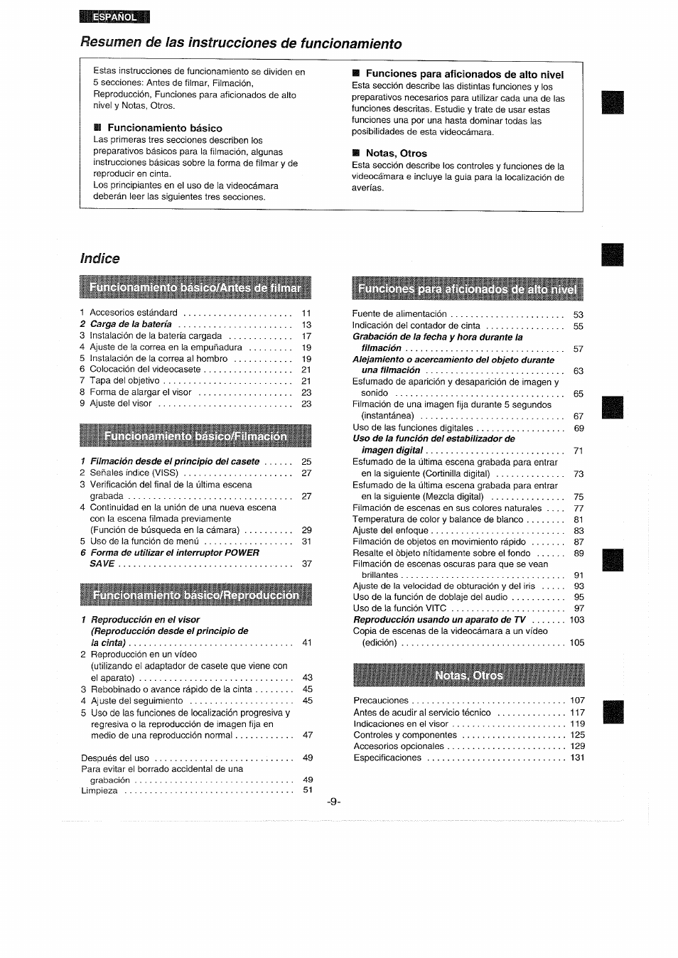 Resumen de las instrucciones de funcionamiento, Funcionamiento básico, B funciones para aficionados de alto nivel | B notas, otros, Indice | Panasonic NVS90E User Manual | Page 9 / 132