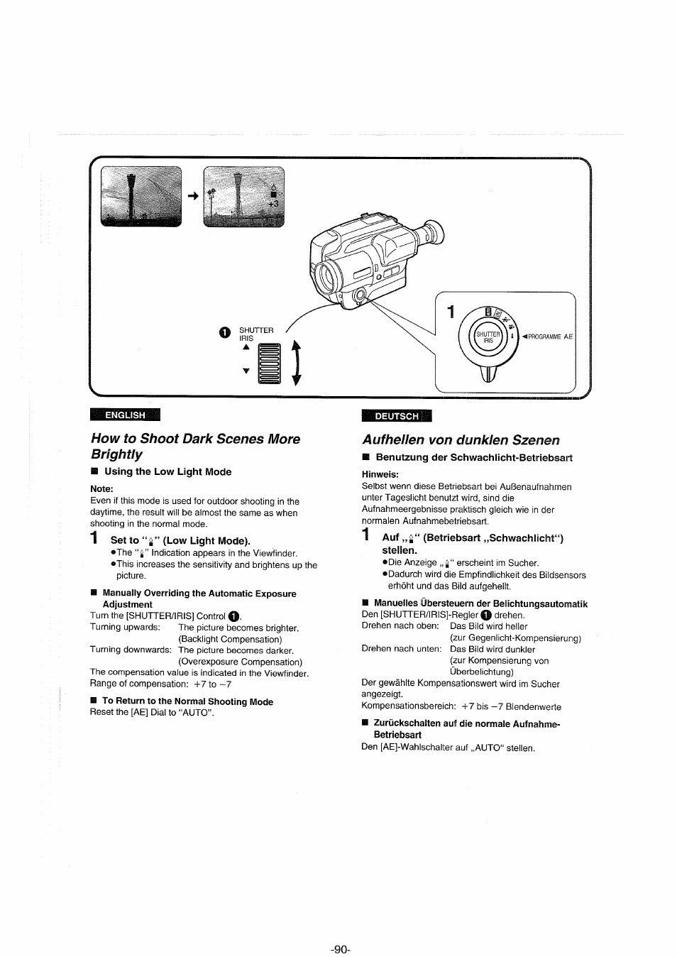 Deutsch, How to shoot dark scenes more brightly, Auf hei len von dunklen szenen | Aufhellen von dunklen szenen | Panasonic NVS90E User Manual | Page 90 / 132