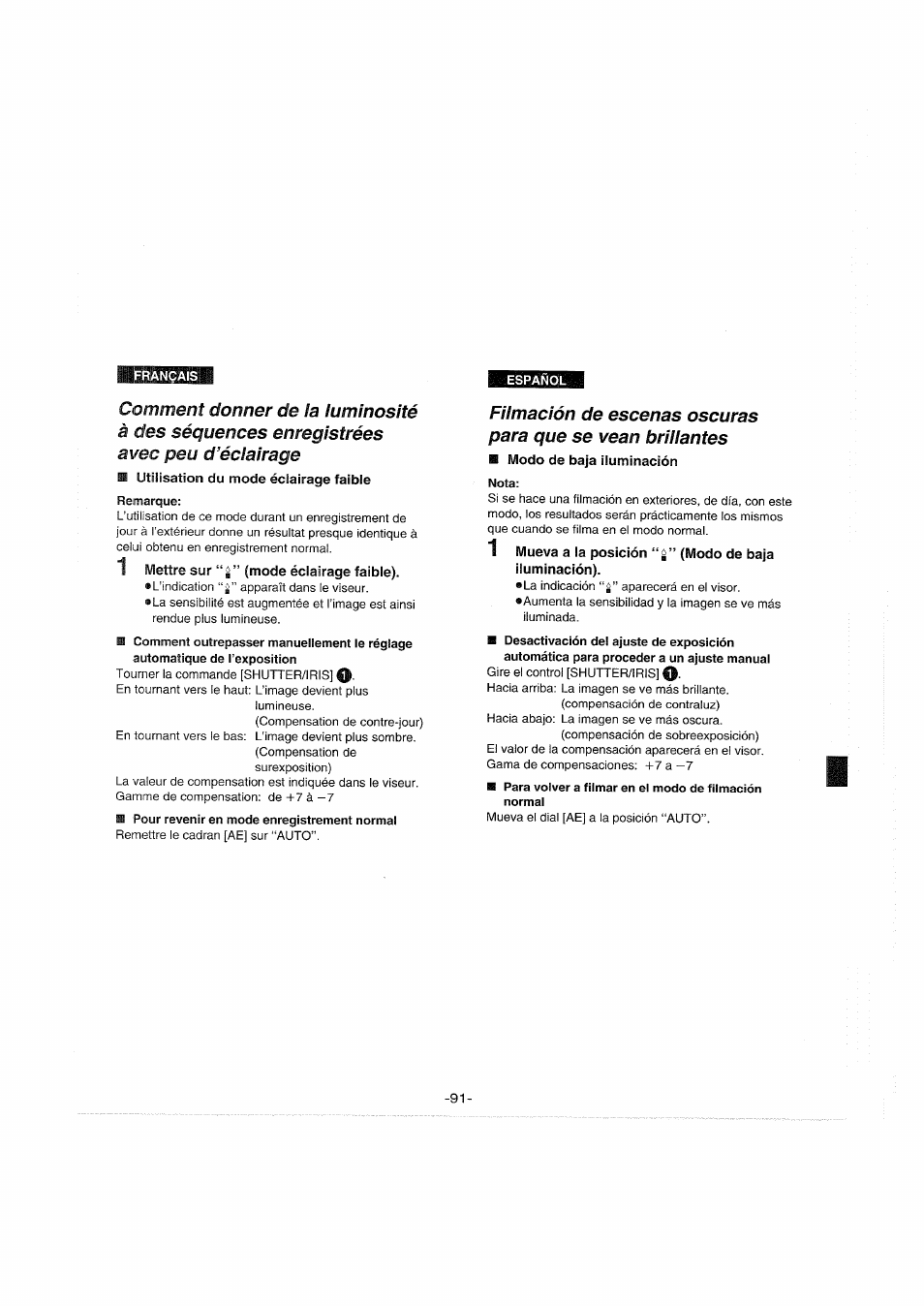 Utilisation du mode éclairage faible, 1 mettre sur “ * ” (mode éclairage faible), Modo de baja iluminación | Nota | Panasonic NVS90E User Manual | Page 91 / 132