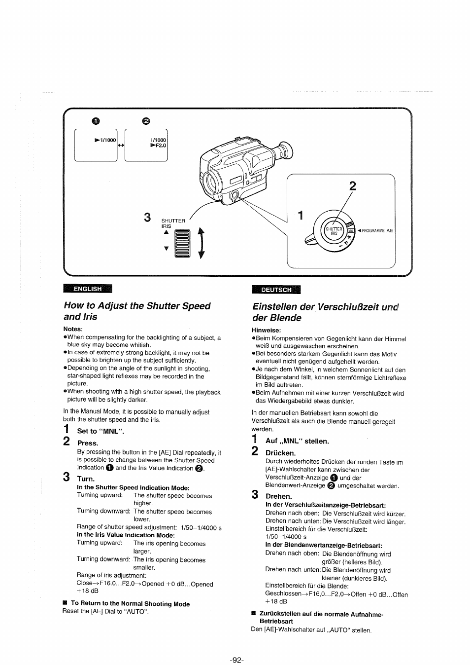 How to adjust the shutter speed and iris, Set to “winl, Press | 3 turn, Einsteilen der verschlußzeit und der blende, 1 auf „mnl“ stellen, 2 drücken, 3 drehen, Einstellen der verschlußzeit und der blende | Panasonic NVS90E User Manual | Page 92 / 132