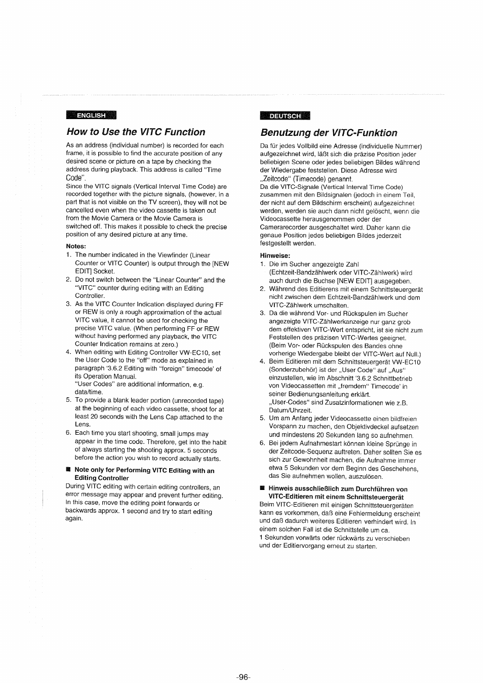 How to use the vitc function, Notes, Benutzung der vitc-funktion | Hinweise | Panasonic NVS90E User Manual | Page 96 / 132