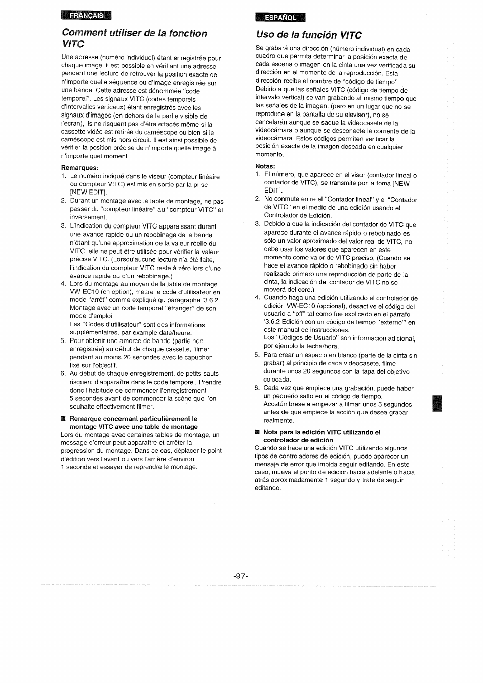 Comment utiliser de la fonction vitc, Uso de la función vitc, Notas | Comment utiliser la fonction vitc | Panasonic NVS90E User Manual | Page 97 / 132