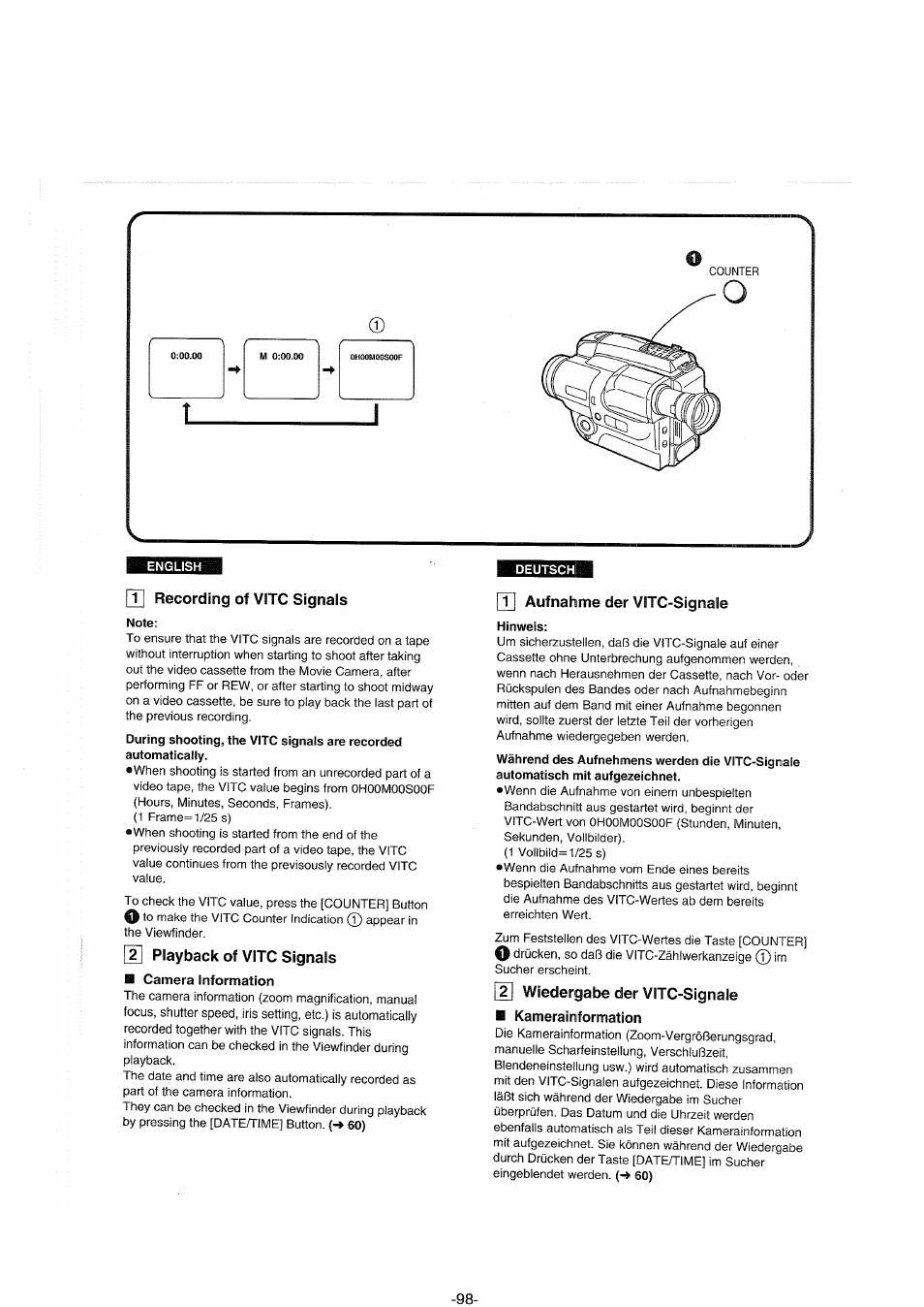 T| recording of vitc signals, Note, 2] playback of vitc signals ■ camera information | Deutsch, T[ aufnahme der vitc-signale, Hinweis, Wiedergabe der vitc-signale, Kamerainformation | Panasonic NVS90E User Manual | Page 98 / 132