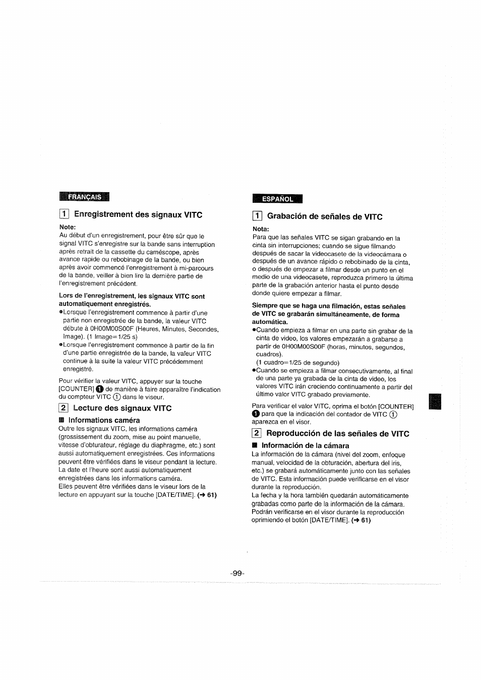 T| enregistrement des signaux vitc, 2\ lecture des signaux vitc, Informations caméra | Pf] grabación de señales de vitc, 2] reproducción de las señales de vitc, Información de la cámara | Panasonic NVS90E User Manual | Page 99 / 132