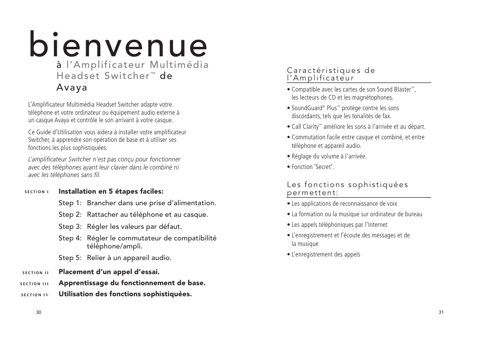 Bienvenue, Àl’amplificateur multimédia headset switcher, De avaya | Avaya Switcher User Manual | Page 20 / 52