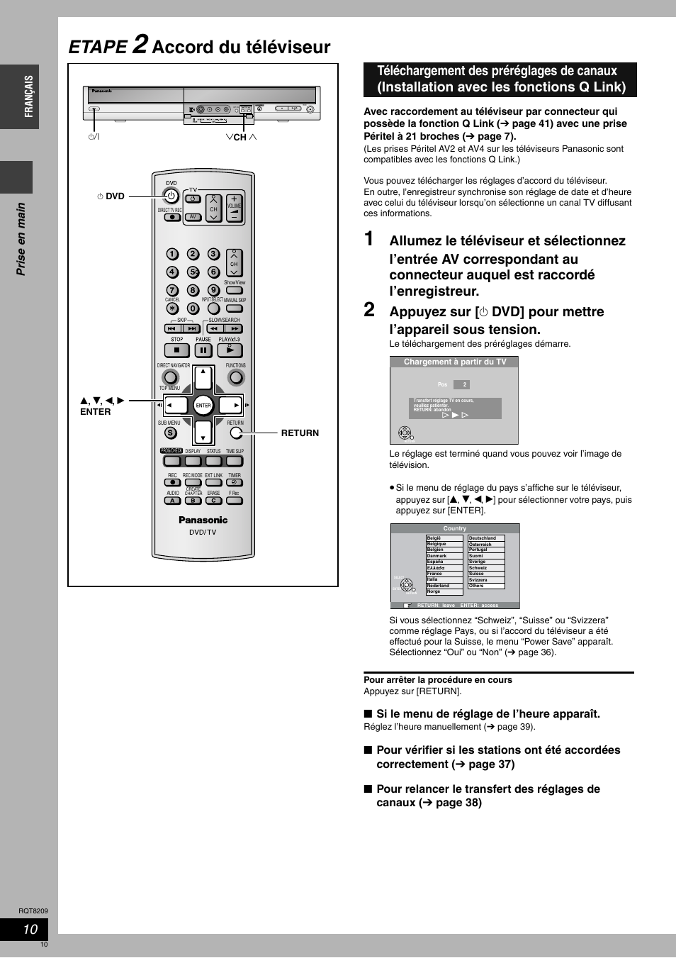 Etape, Accord du téléviseur, Pris e en ma in | Si le menu de réglage de l’heure apparaît | Panasonic DMRES20 User Manual | Page 10 / 156