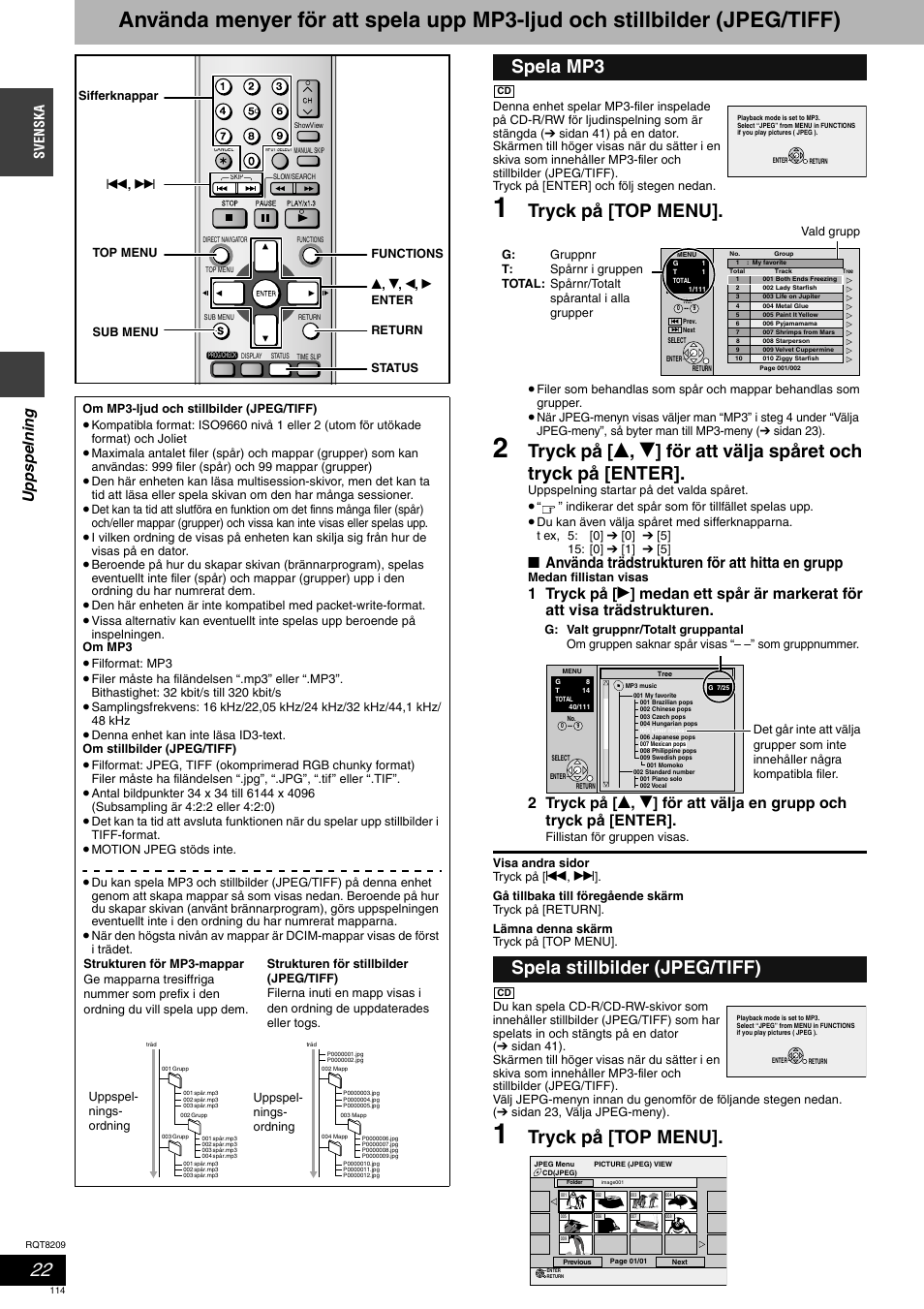 Tryck på [top menu, Spela mp3 spela stillbilder (jpeg/tiff), Upps pelning | Använda trädstrukturen för att hitta en grupp, Svenska | Panasonic DMRES20 User Manual | Page 114 / 156