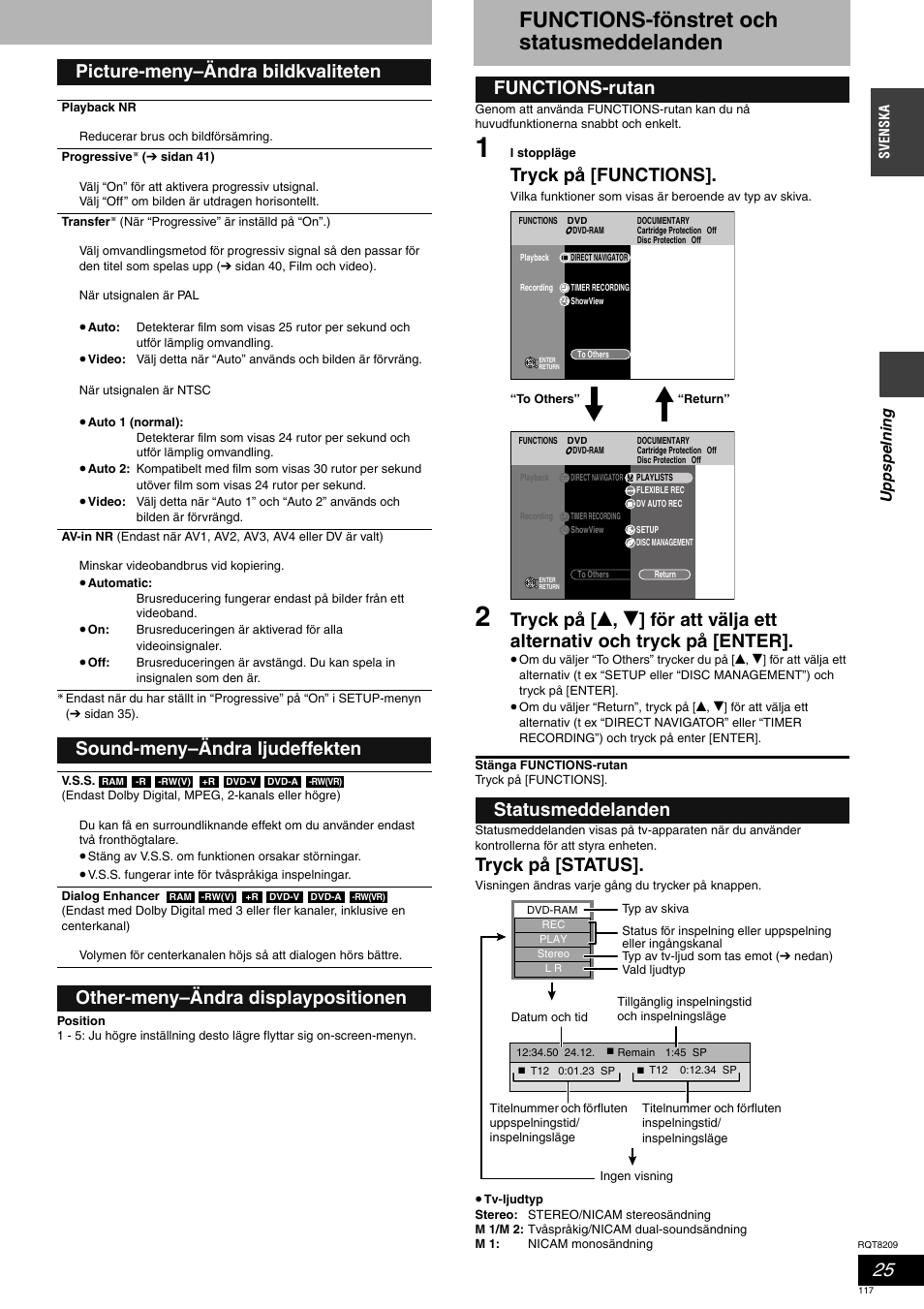 Functions-fönstret och statusmeddelanden, Tryck på [functions, Tryck på [status | Picture-meny–ändra bildkvaliteten, Sound-meny–ändra ljudeffekten, Other-meny–ändra displaypositionen, Functions-rutan statusmeddelanden | Panasonic DMRES20 User Manual | Page 117 / 156