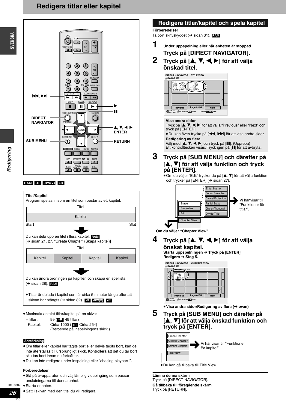 Redigera titlar eller kapitel, Tryck på [direct navigator, Redigera titlar/kapitel och spela kapitel | Redige ring | Panasonic DMRES20 User Manual | Page 118 / 156