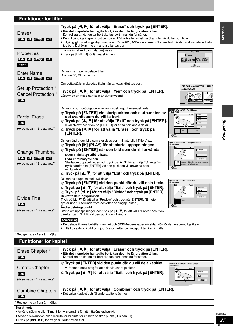 Funktioner för titlar erase, Properties, Enter name | Set up protection cancel protection, Partial erase, Change thumbnail, Divide title, Funktioner för kapitel erase chapter, Create chapter, Combine chapters | Panasonic DMRES20 User Manual | Page 119 / 156