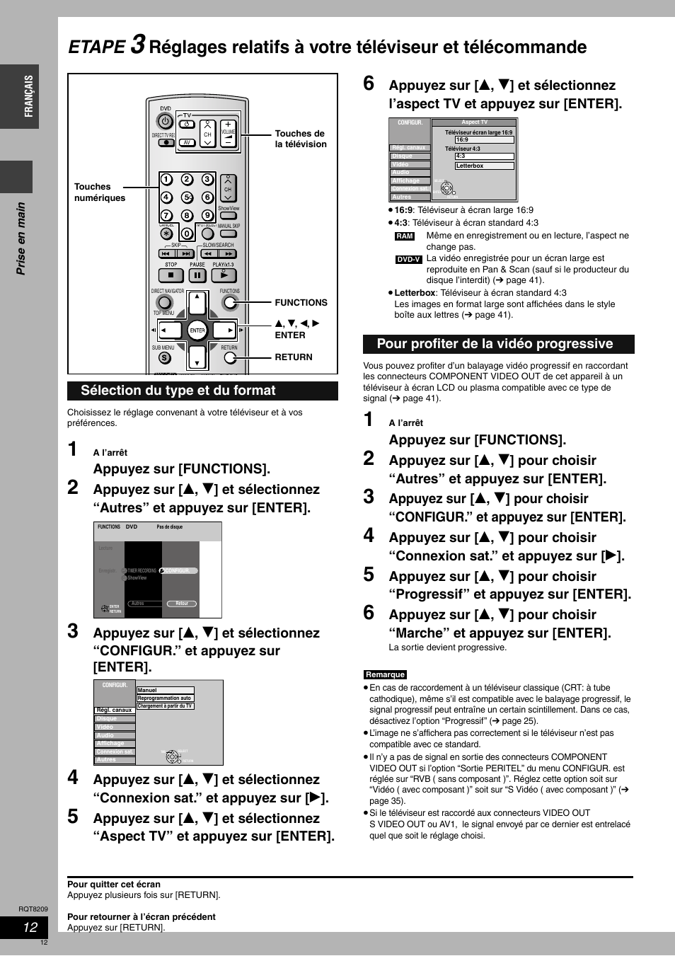 Etape, Appuyez sur [functions, Sélection du type et du format | Pour profiter de la vidéo progressive | Panasonic DMRES20 User Manual | Page 12 / 156
