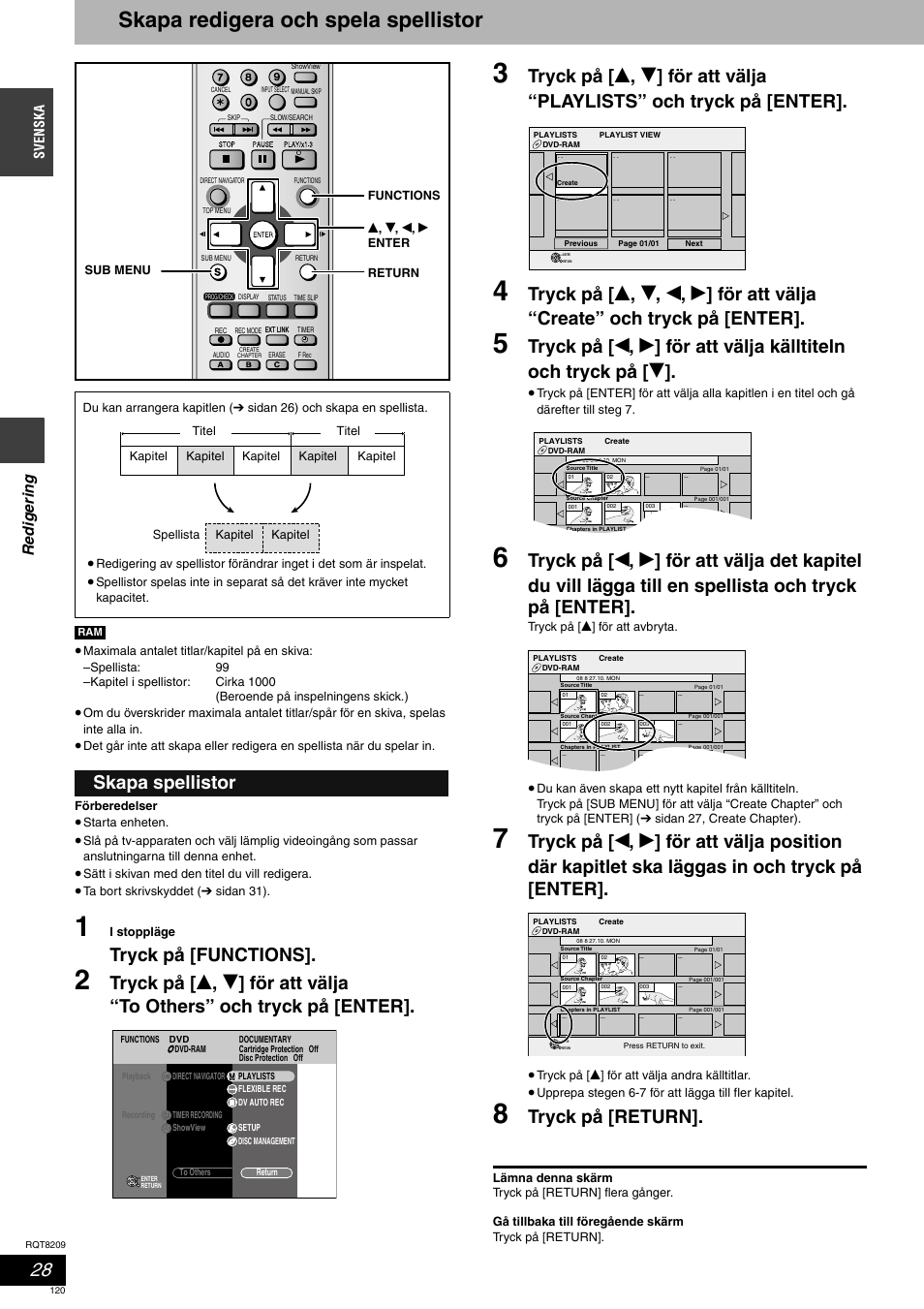 Skapa redigera och spela spellistor, Tryck på [functions, Tryck på [return | Skapa spellistor, Redige ring, Svenska | Panasonic DMRES20 User Manual | Page 120 / 156