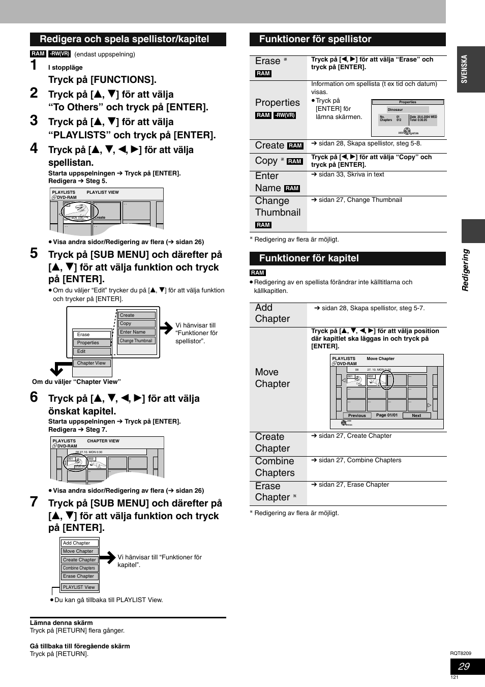 Tryck på [functions, Redigera och spela spellistor/kapitel, Funktioner för spellistor erase | Properties, Create, Copy, Enter name, Change thumbnail, Funktioner för kapitel add chapter move chapter, Create chapter | Panasonic DMRES20 User Manual | Page 121 / 156